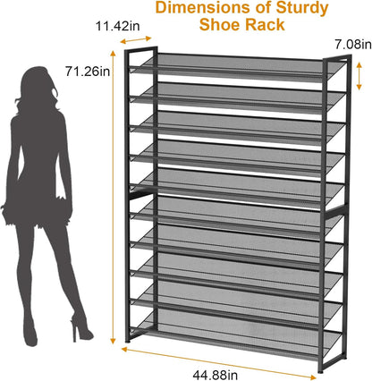 Large Shoe Rack 8 Tier Shoe Organizer, Heavy Duty Metal 4-Tier Stackable Shoe Storage Vertical Shoe Rack for Closet Front Door Entrance, Up to 50 Pairs, 44.8" W x 11.4" D x 56.7" H, Black