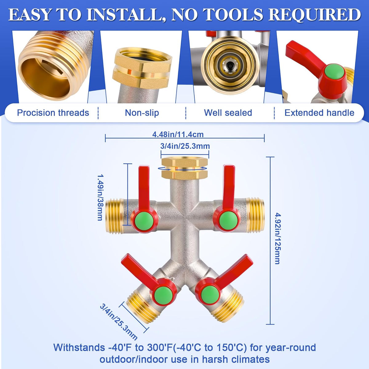EJW Hose Splitter 2 Way, Garden Hose Splitters, Heavy Duty Faucet Splitter,Rv Brass Water Hose Y Splitter, Double Hose Connector, Spigot Splitter, Two Way Hose Manifold Valve 3/4 Inch GHT Thread.
