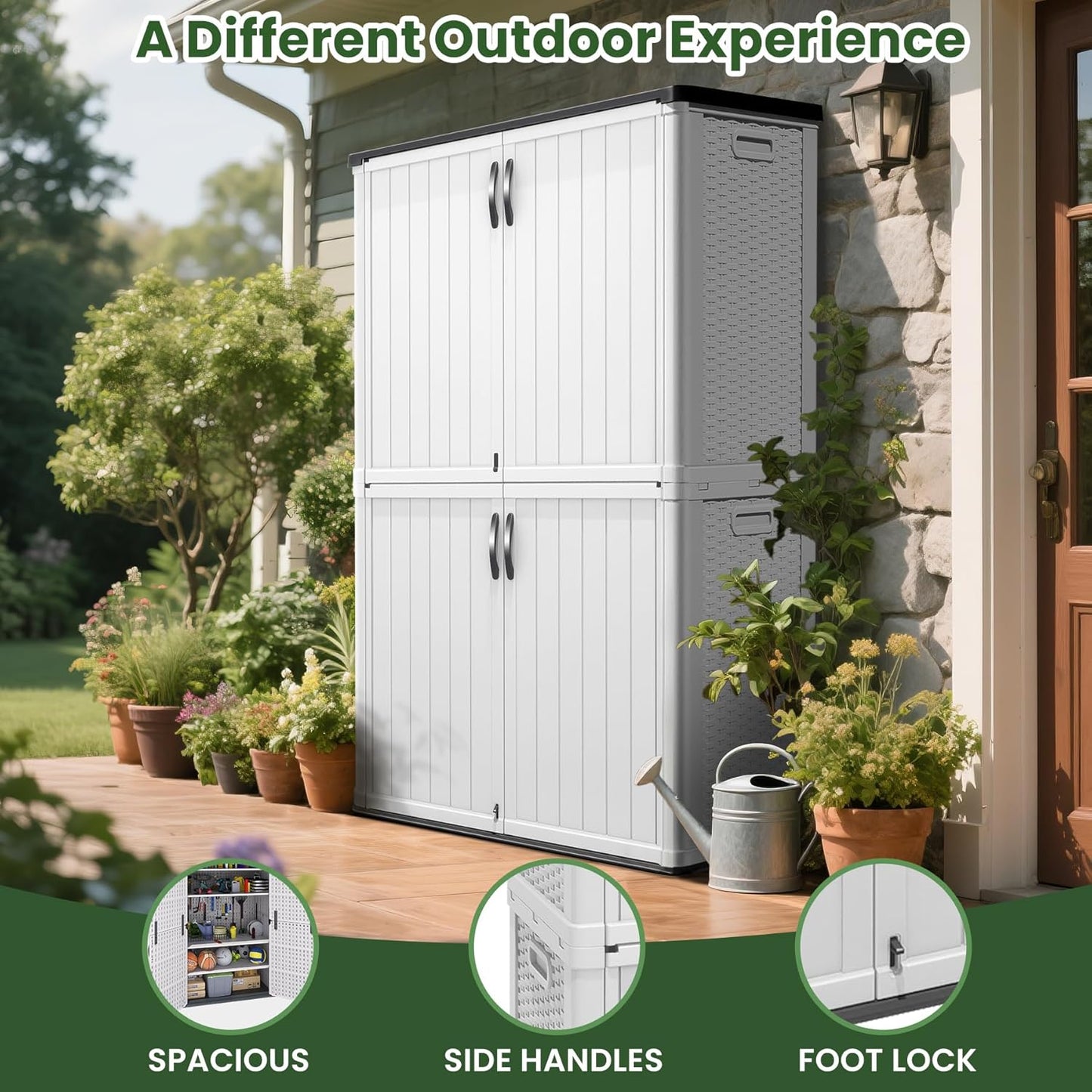 Greesum Outdoor Storage Cabinet, 26 CUFT Deck Box Without Shelves, Waterproof Plastic Storage Shed for Patio Cushions, Gardening Tools, Lockable and Sidehandles, UV Resistant, Beige