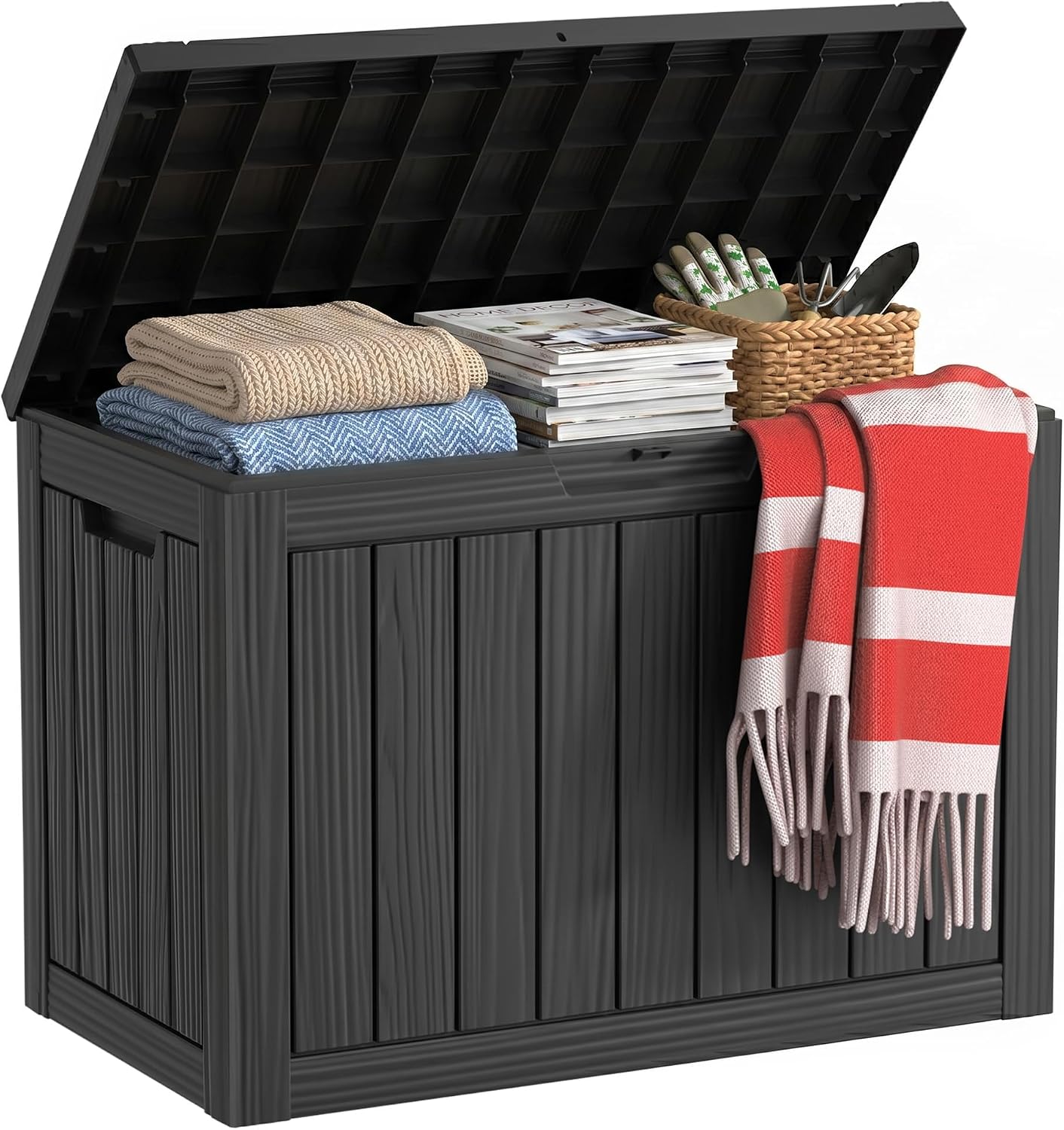 EasyUp 33 Gallon Resin Deck Box Waterproof, UV Resistant Outdoor Storage Box for Delivery, Porch, Patio and Garden, Stripe Black