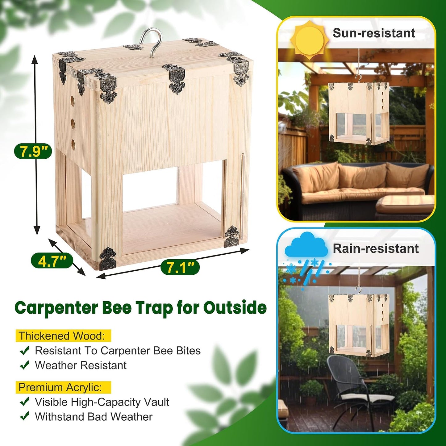 1 Pack Extra Large Carpenter Bee Trap for Outside, 2 in 1 Catch & Release Wood Bee Traps Outdoor Hanging, Timber-Fixed Expanded External Containment, Defender Trap for Bees Collection