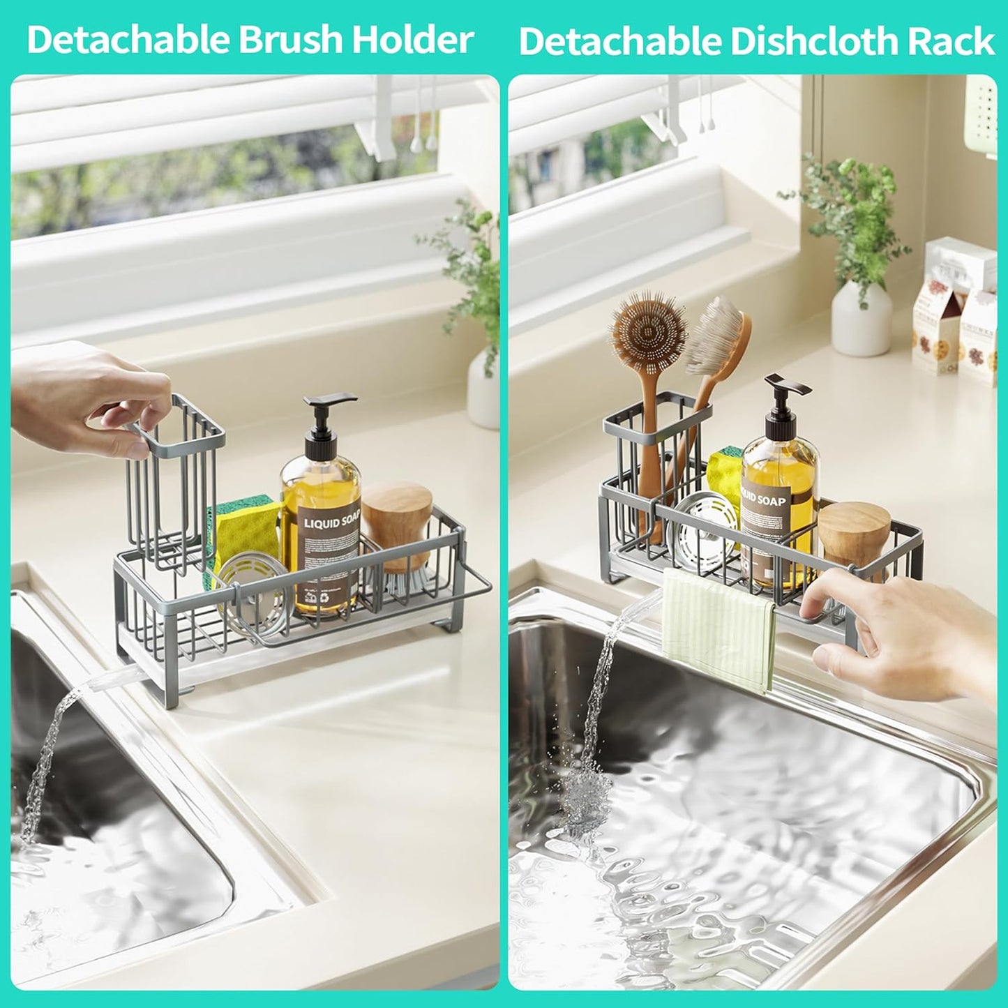 HapiRm Sponge Holder for Kitchen Sink - Self-draining Sink Caddy with Brush and Dishcloth Holders, Stainless Steel Kitchen Countertop Organizers and Storage Essentials - Black