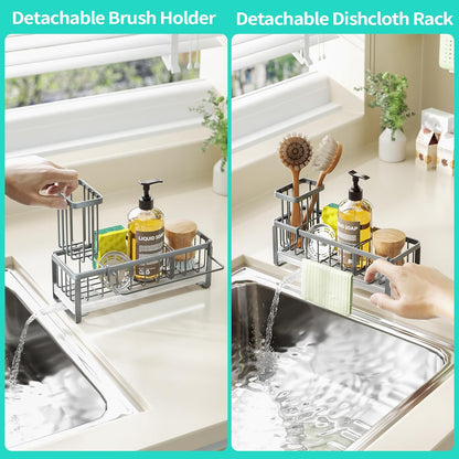 HapiRm Sponge Holder for Kitchen Sink - Self-draining Sink Caddy with Brush and Dishcloth Holders, Stainless Steel Kitchen Countertop Organizers and Storage Essentials - Black