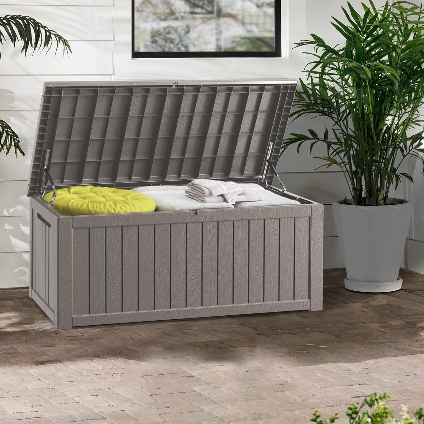 200 Gallon Deck Boxes Outdoor Waterproof, Outdoor Storage Box with Lockable Lid & UV-Resistant for Patio Furniture, Outdoor Cushions, Garden Tools and Pool Supplies, Light Brown