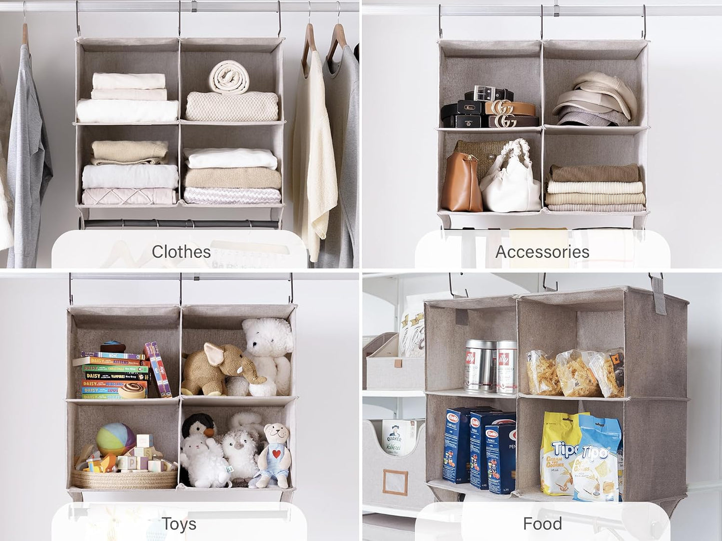 StorageWorks Hanging Closet Organizer with Metal Rod, 4-Section Closet Organizers and Storage, Collapsible Hanging Shelves for Baby Clothes, Shoes, Sweater Storage, Ivory and White