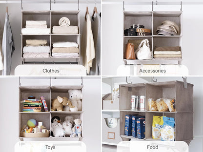 StorageWorks Hanging Closet Organizer with Metal Rod, 4-Section Closet Organizers and Storage, Collapsible Hanging Shelves for Baby Clothes, Shoes, Sweater Storage, Ivory and White