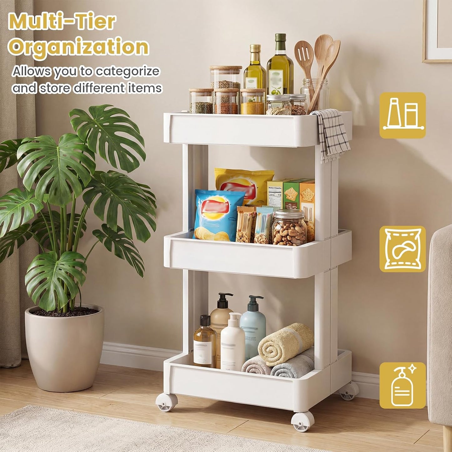GOFLAME 4-Tier Rolling Utility Cart, Multifunctional Slim Storage Trolley with Detachable Trays and Wheels, Mobile Shelving Unit Organizer for Kitchen, Living Room and Bathroom (20” × 5” × 40”)