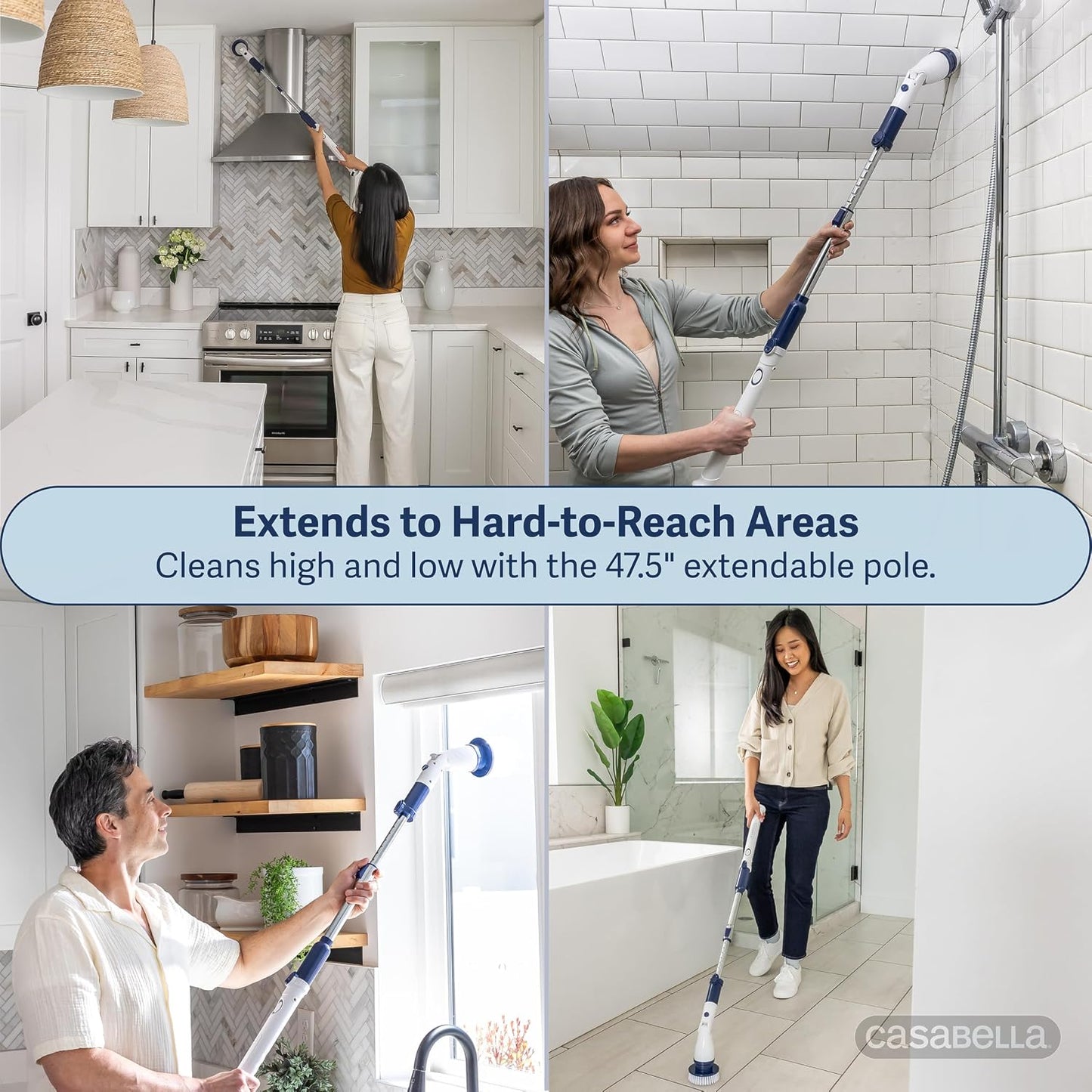 Casabella Power Spin Scrubber, Extendable to 47.5” – Cordless Electric Cleaner for Shower, Kitchen, Bathroom, Tile, Tub, Car, Deck - Rechargeable Spin Brush with Adjustable Brush Head & 4 Attachments