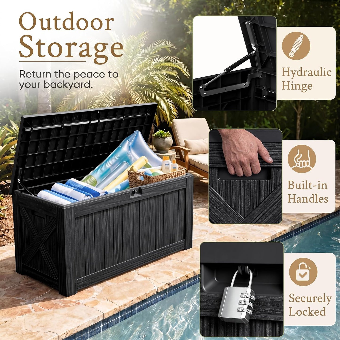 Devoko 120 Gallon Deck Box Resin Outdoor Storage Box Waterproof for Patio, Large Outdoor Storage Bench Lockable for Outside (Black)