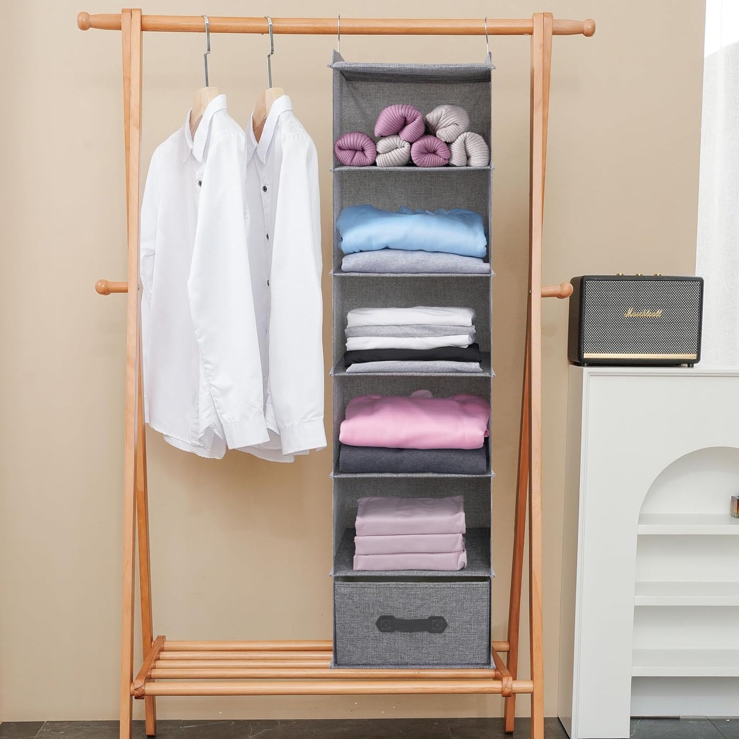 Large Hanging Sweater Organizer for Closet,Collapsible 6-Shelf Hanging Closet Shelves with Drawers, Washable (Grey-6 Shelf)