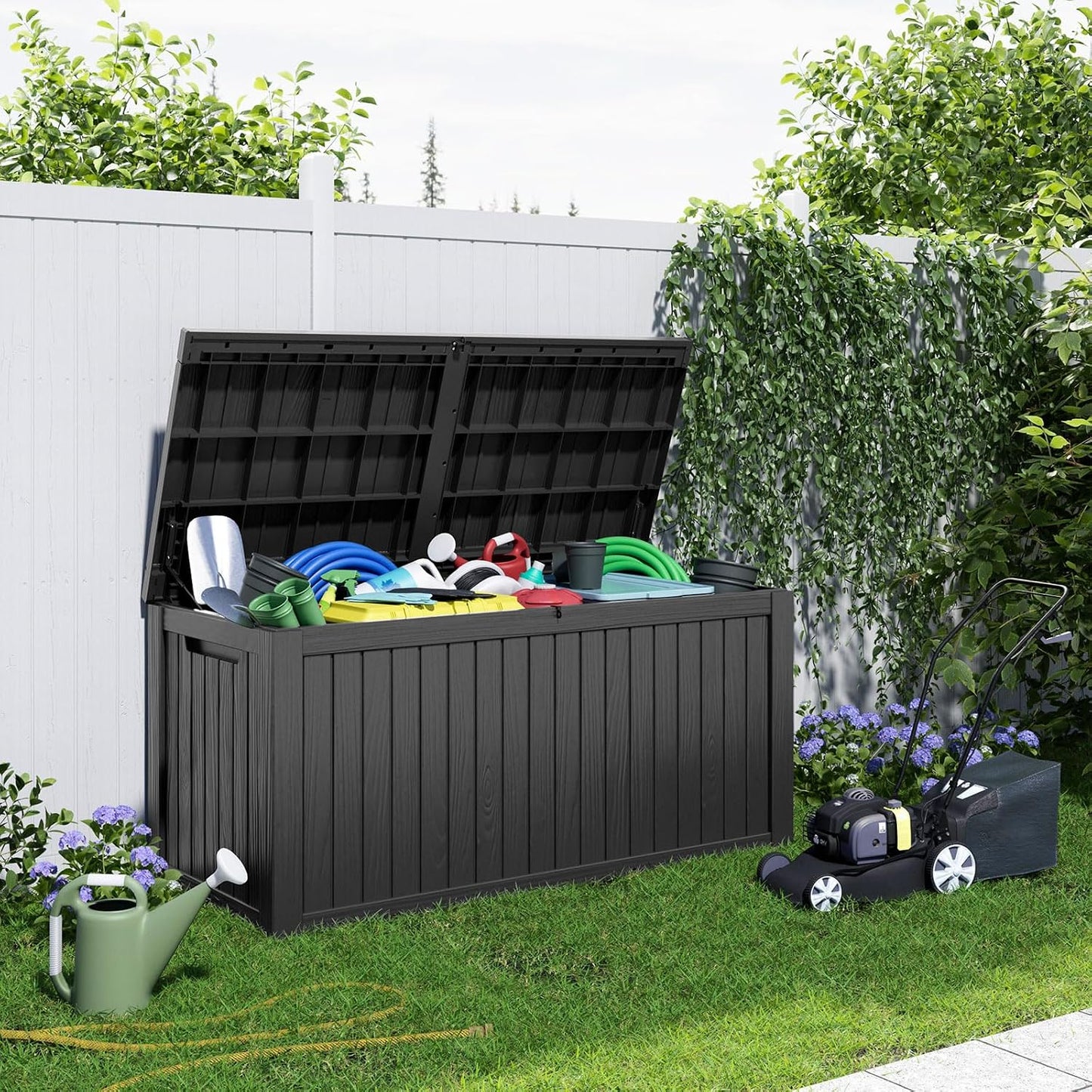 PatioZen 100 Gallon Resin Deck Box, Lockable Patio Outdoor Storage Box for Furniture, Garden Tools and Tools Storage, Waterproof Outside Storage Boxes - Black