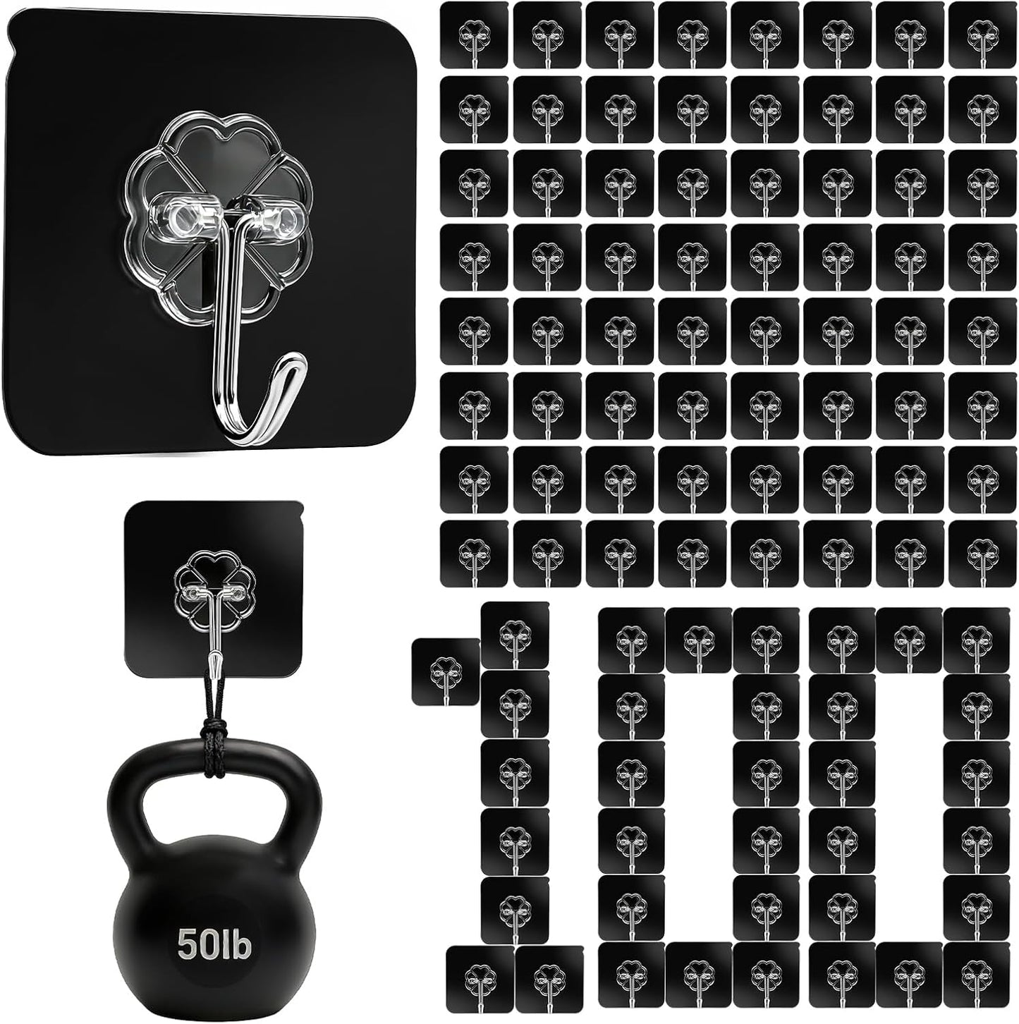 Adhesive Wall Hooks for Hanging Heavy Duty 50 lbs Large Hooks for Walls No Damage, Towel Sticky Clear Hook, Waterproof, Home, Bathroom, Kitchen, Office, and Outdoor 10 Pack