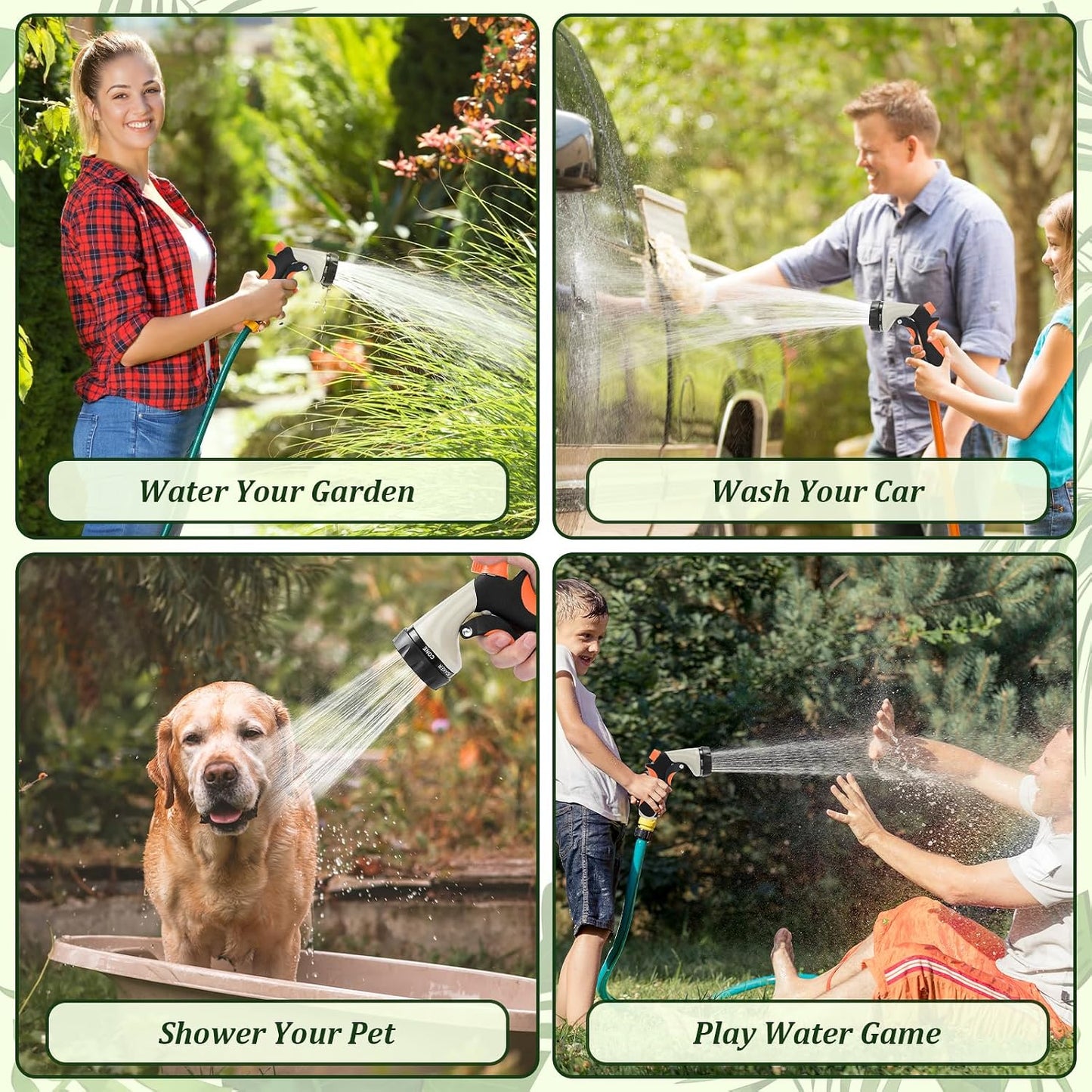 Garden Hose Nozzle, Heavy Duty Metal Water Nozzle with 8 Adjustable Spray Patterns, High Pressure Ergonomic Flow Control for Watering Plants, Lawns, Washing Cars, Pets, Black with Green