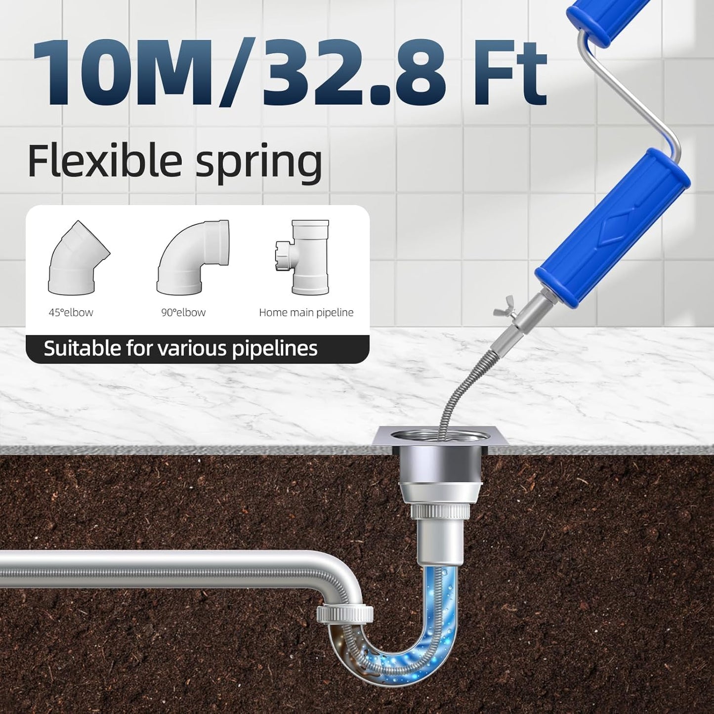Drain Snake, Drain Auger with Drill Attachment, 32.8 Feet By 6MM Plumbing Snake Auto Feed Flexible Hair Drain Clog Remover for Kitchen, Bathrom and Shower Sink