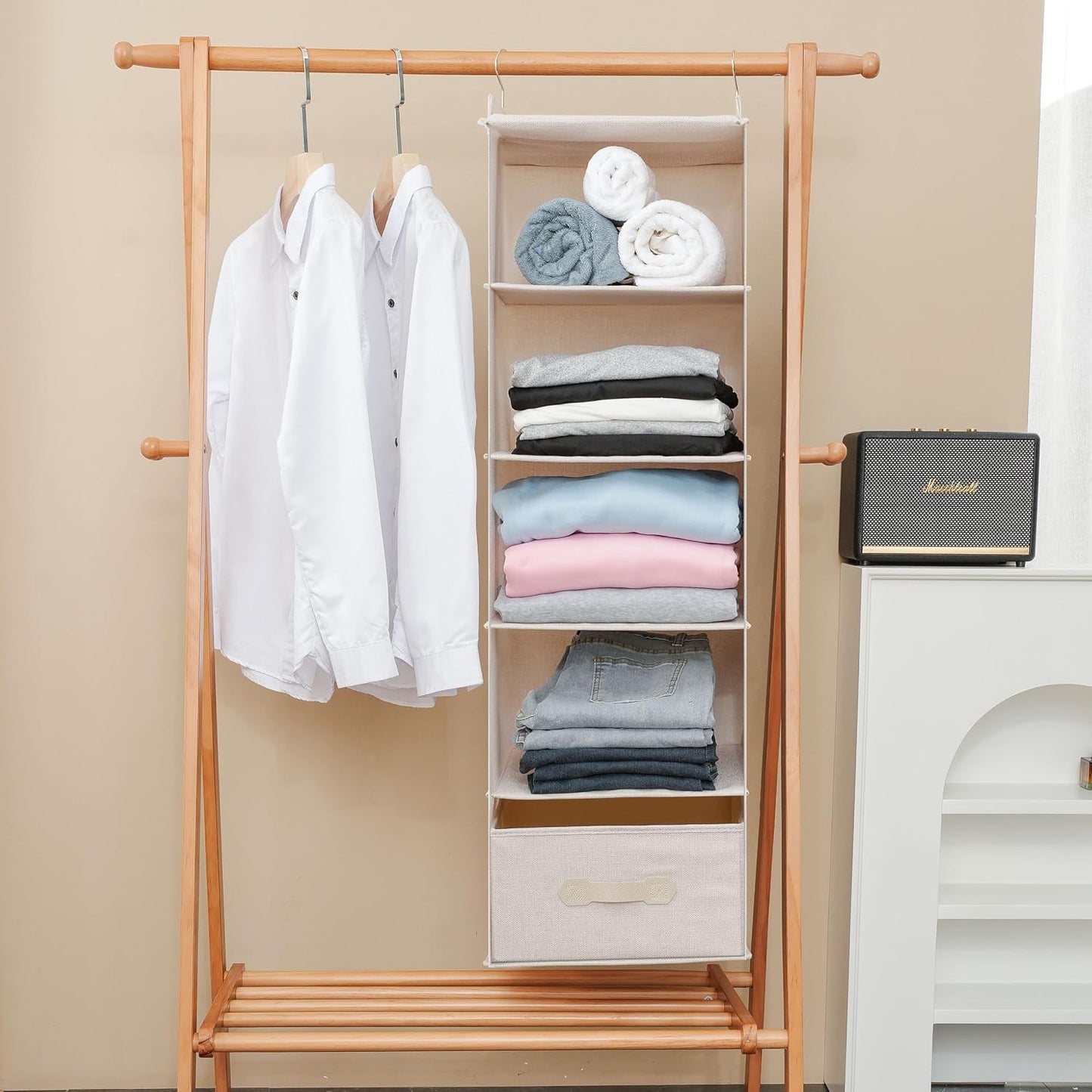 Large Hanging Sweater Organizer for Closet,Collapsible 6-Shelf Hanging Closet Shelves with Drawers, Washable (Grey-6 Shelf)