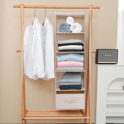 Large Hanging Sweater Organizer for Closet,Collapsible 6-Shelf Hanging Closet Shelves with Drawers, Washable (Grey-6 Shelf)