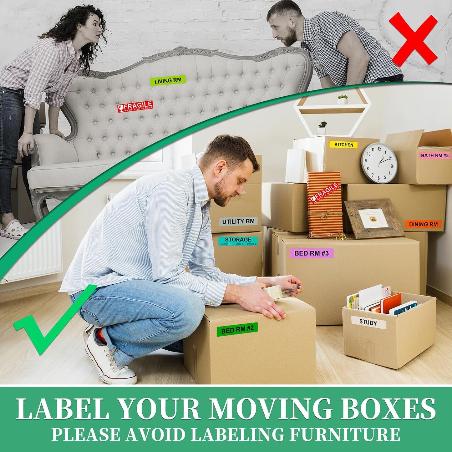 Moving Box Labels – 1440 PCS (24 Rolls) Color Coded Room Stickers, 1''x4.5'' Strong Adhesive Home Packing Stickers for Boxes of Bedroom, Kitchen, Garage, Fragile & Heavy Item Warning Labels, BIAlabel