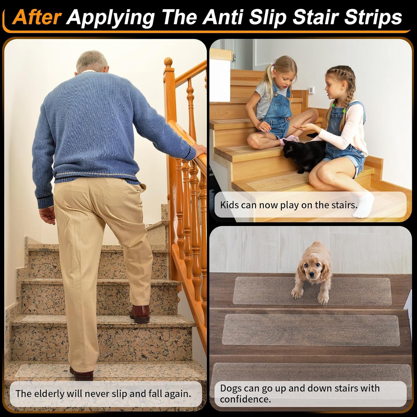 SMILOOL Clear Non-Slip Treads for Wooden Steps Indoor 5 Pack 4" x 32" Pre-Cut Anti-Slip Strips, Grip Tape Transparent Grips for Wood Stairs, Dogs, Kids and Pets, Waterproof