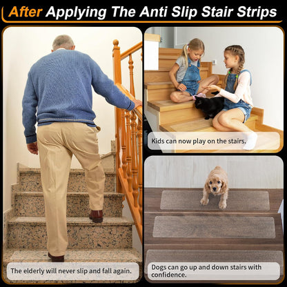 SMILOOL Clear Non-Slip Treads for Wooden Steps Indoor 5 Pack 4" x 32" Pre-Cut Anti-Slip Strips, Grip Tape Transparent Grips for Wood Stairs, Dogs, Kids and Pets, Waterproof
