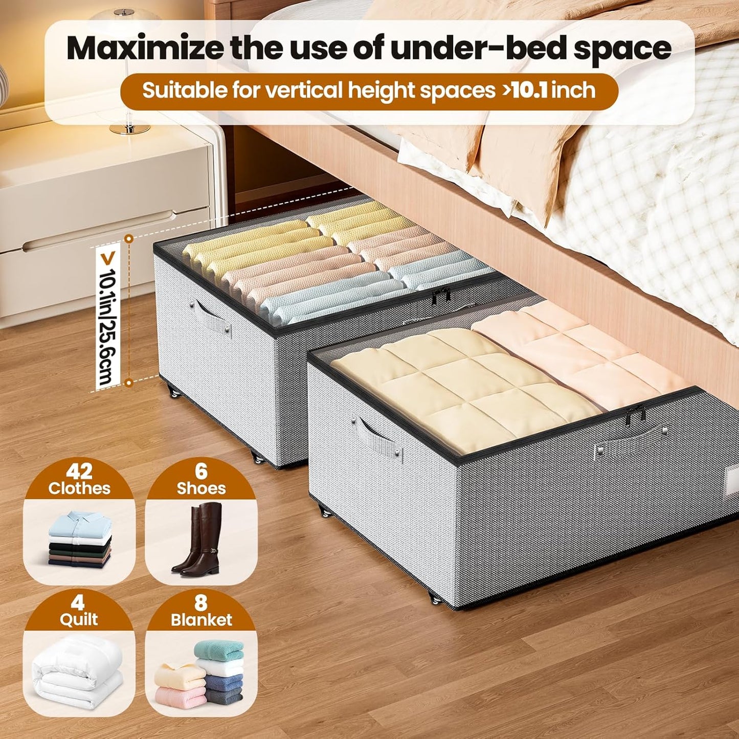 Dayacoco Under Bed Storage With Wheels,10in Underbed Storage Containers 65L | Large Capacity Underbed Storage, No Assembly Required Rolling Under Bed Storage for Clothes Blankets Shoes Beige
