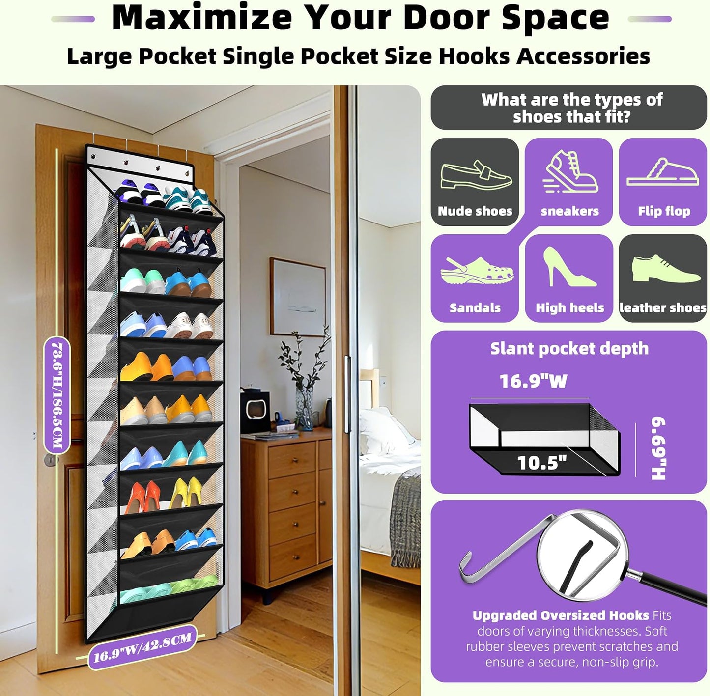 PAULONE 10-Pocket Multi-Use Over the Door Organizer, Heavy Duty 95lbs Capacity with Breathable Mesh, Versatile Hanging Storage for Shoes, Toys, Office Supplies-Classic (Black, 10-Shelf,)