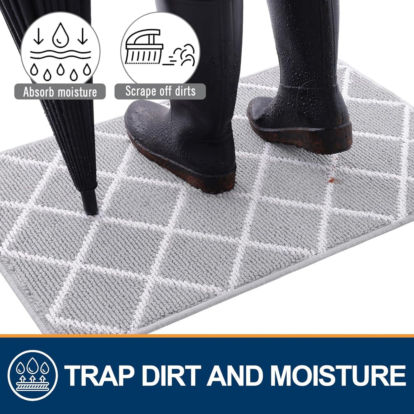 Finchitty Indoor Door Mat, Dirt Resistant and Absorbent, Low-Profile, Non-Slip, Washable Inside Floor Mats for Front Door, Back, and Entrance, 32" x 20", Grey