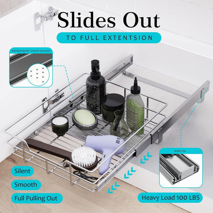 2 Tier Pull Out Cabinet Organizer 11" W X 22" D, Slide Out Drawers For Kitchen Cabinets, Pull Out Drawers For Cabinets Capacity Heavy Duty Caddy, Cabinet Pullout Shelves Chrome-Plated, Bathroom Pantry