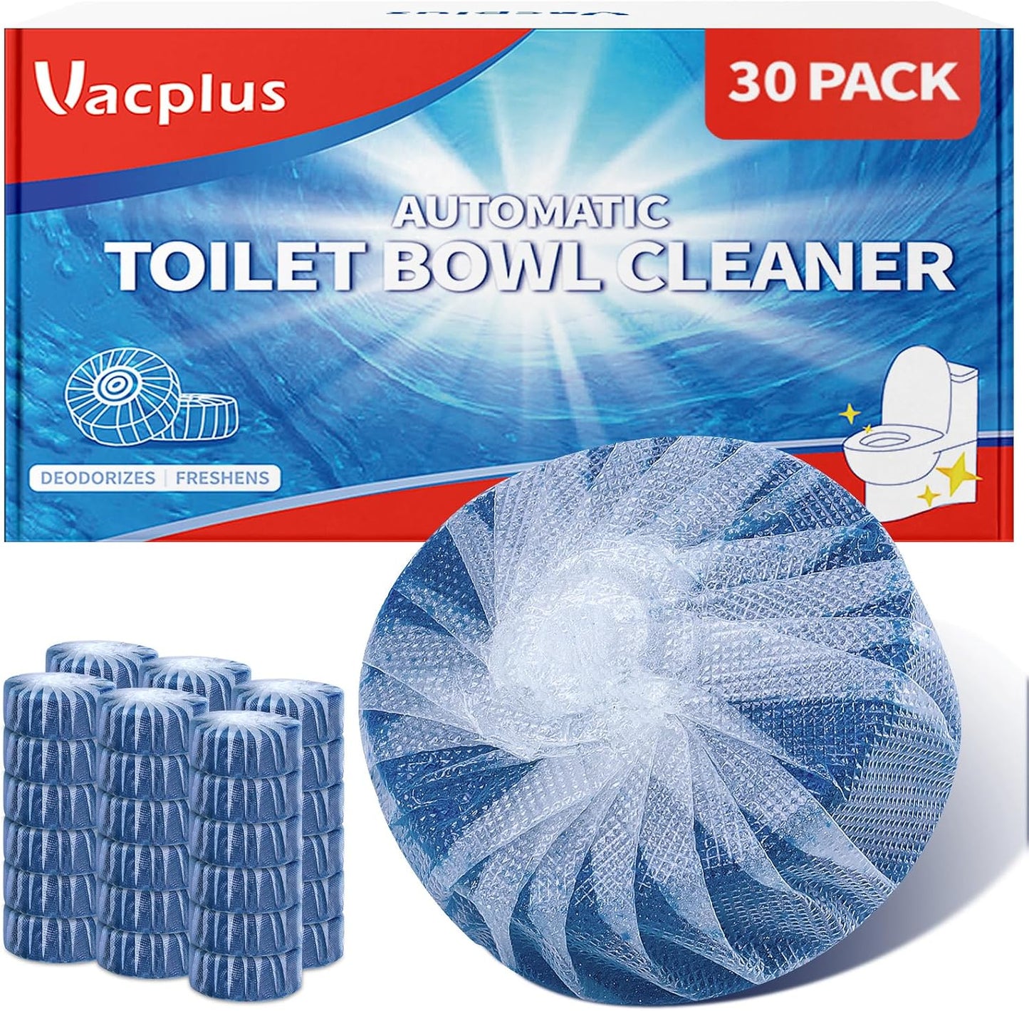 Vacplus Automatic Toilet Bowl Cleaner Tablets, Drop-In Tank Cleaner for Bathroom, Prevent Stains & Deodorize, Long-Lasting Cleaning Tabs, Easy-Use Freshener for Bowl & Tank, 12 Pack