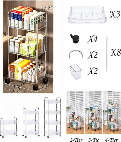 4-Tier Plastic Rolling Utility Cart with Wheels, Multifunctional Storage Organizer Cart for Home, Office, Kitchen & Bathroom, Ultra Narrow & Clear, 4.7”W * 12.8”L * 33”H