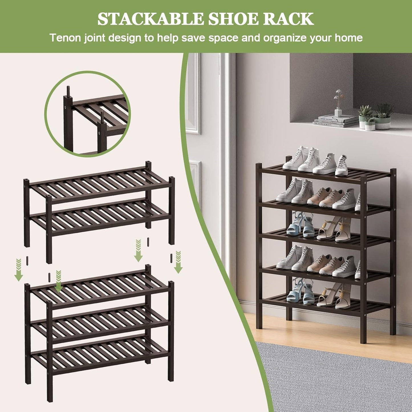 ROMGUAR CRAFT 3 Tier Bamboo Shoe Rack for Closet Free Standing Wood Shoe Shelf Storage Organizer for Entryway Small Space Stackable 27"x11"x20" (Natural)