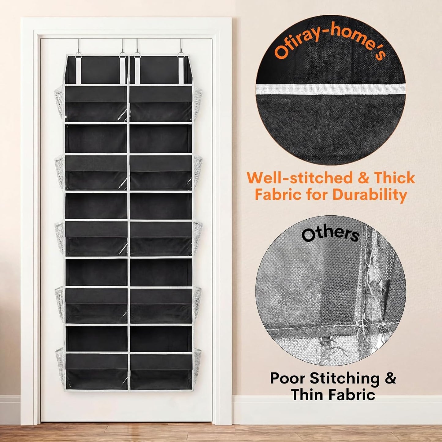 Over The Door Organizer, 5-Tier Extra Large Behind Door Storage with 10 Big Front & 10 Mesh Pockets, 80lb Capacity, Hanging Storage Organizer with Clear Window Kids Toys, Shoes, Diapers, Light Grey