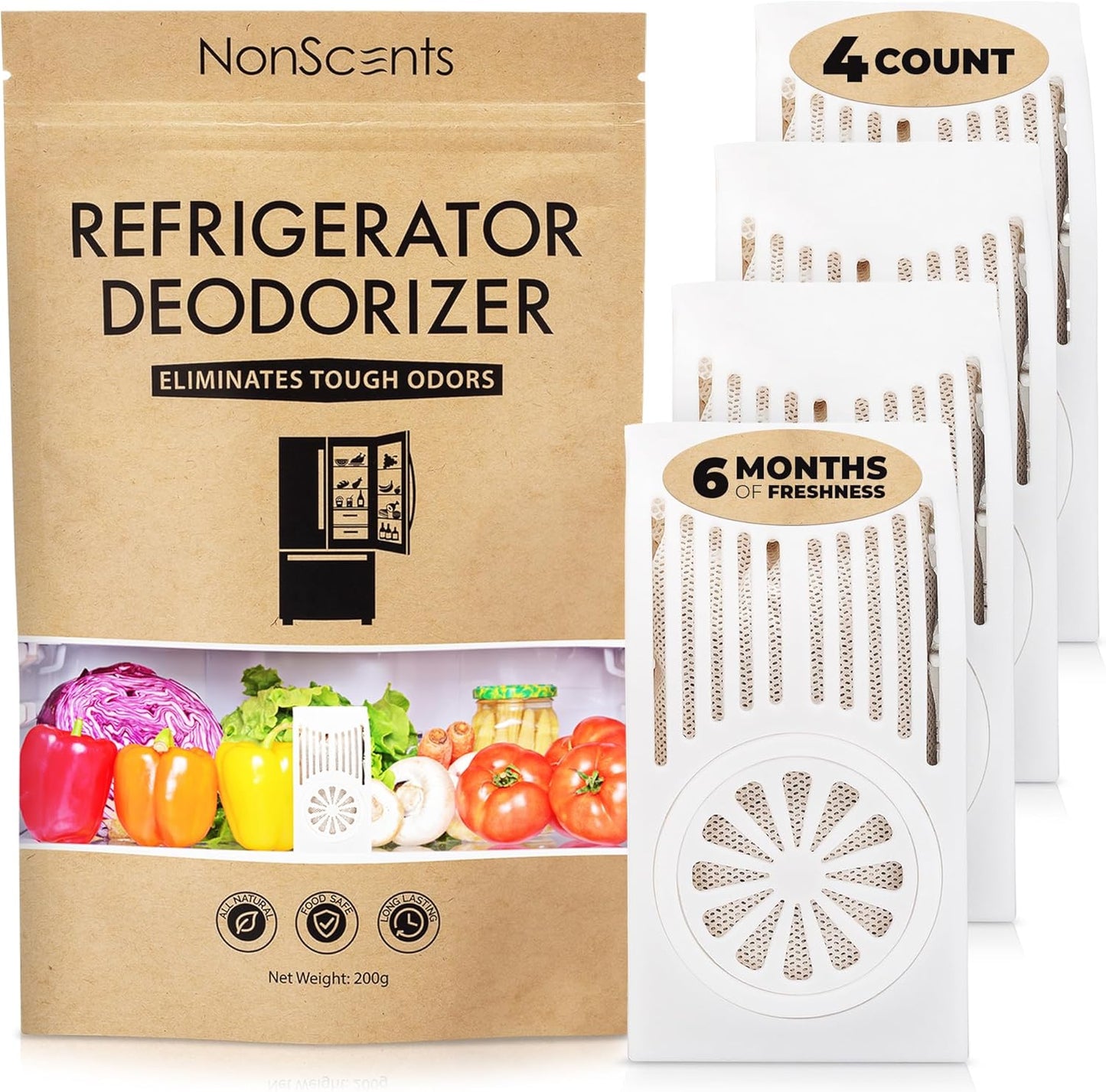 NonScents Refrigerator Deodorizer – Odor Eliminator for Fridge & Freezer – Outshines Baking Soda & Deodorizer with Activated Charcoal – Unscented & Long-Lasting, Freshen Refrigerator