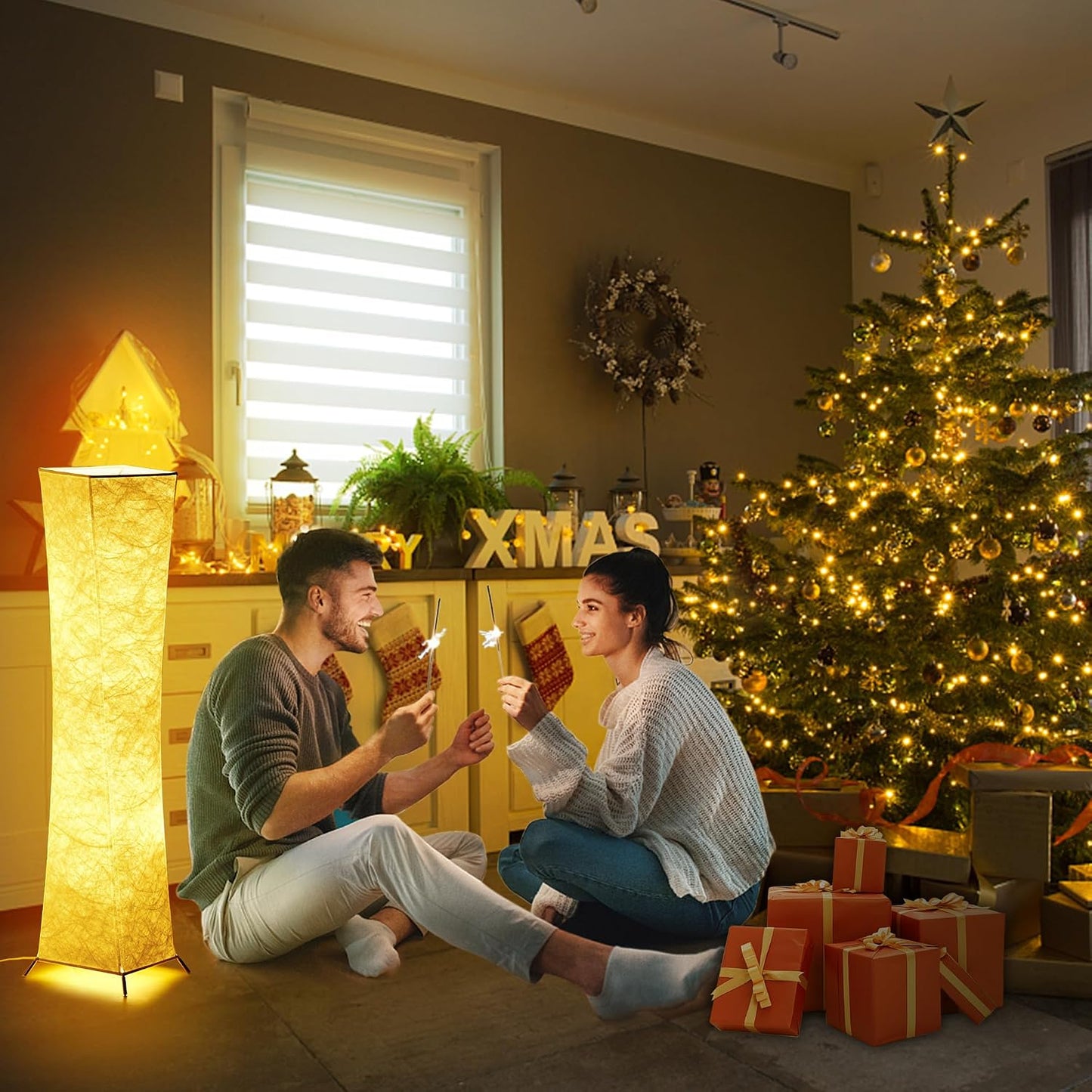 chiphy Floor Lamp, Dimmable 61" Tall Standing Lamp, 3 Levels Adjustable Brightness 12Wx2 LED Bulbs, Column Floor Light w/White Fabric Shade, Home Decor for Living Room, Bedroom, Kids Room