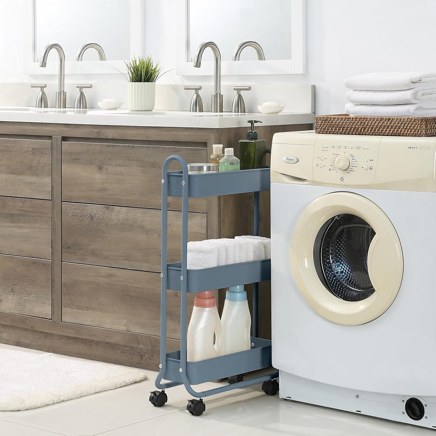 SunnyPoint Slim Rolling Storage Cart, 3 Tier Bathroom Storage Organizer Bathroom, Laundry Utility Cart (White)
