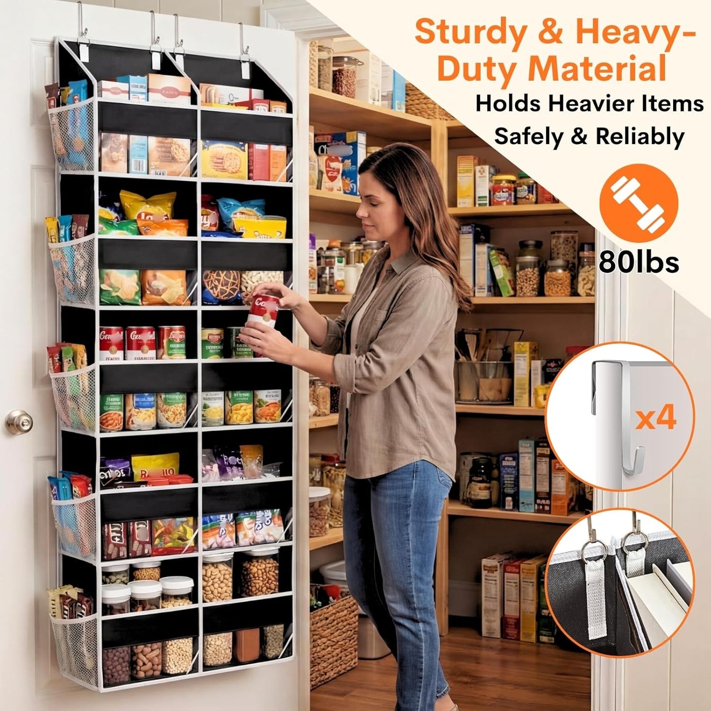 Over The Door Organizer, 5-Tier Extra Large Behind Door Storage with 10 Big Front & 10 Mesh Pockets, 80lb Capacity, Hanging Storage Organizer with Clear Window Kids Toys, Shoes, Diapers, Light Grey