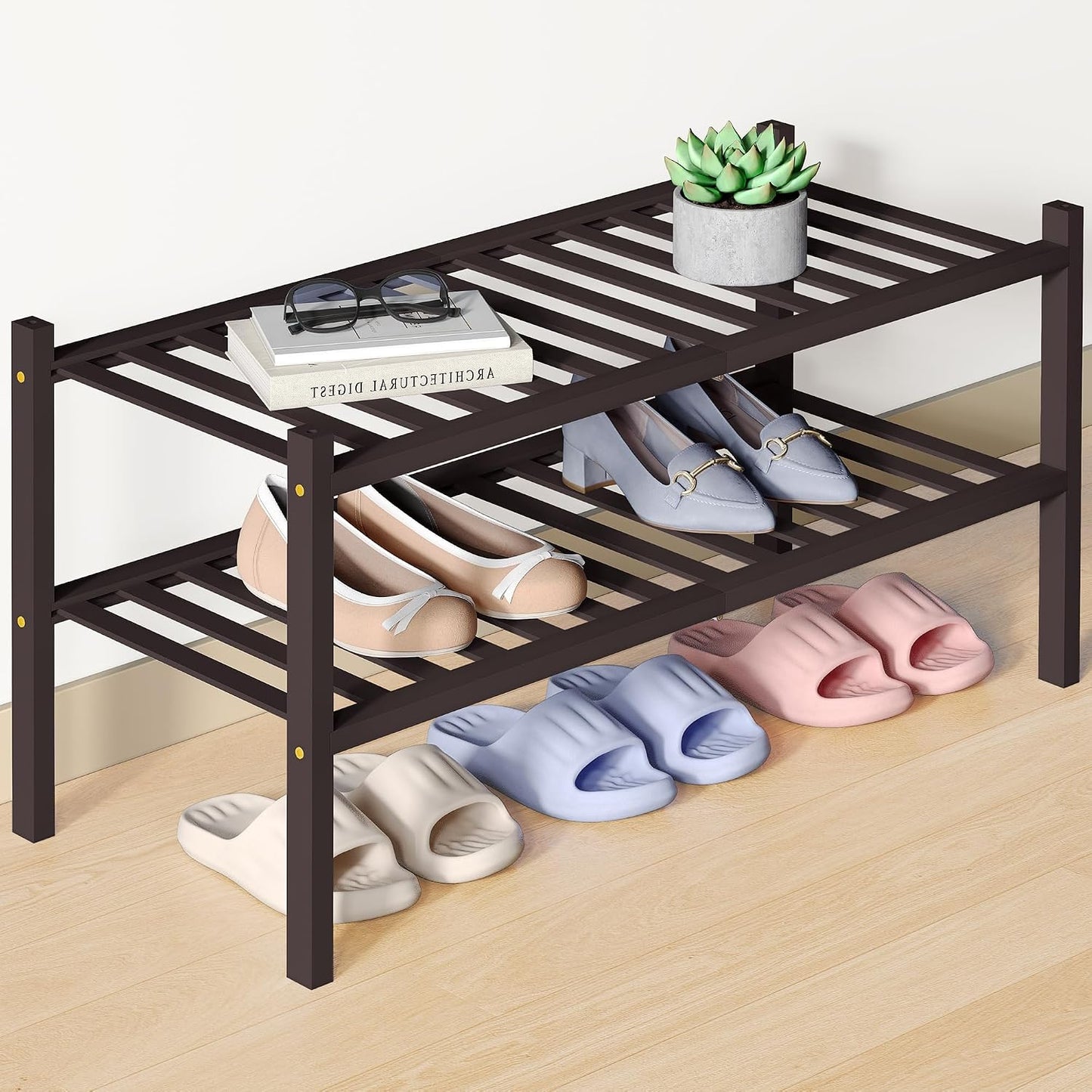 Smiry Bamboo Shoe Rack for Closet, 3 Tier Wooden Shoe Organizer, Stackable Wood Shoe Storage Shelf for Entryway, 14 Vertical Slats, One-piece Heavy-Duty Legs, 26.77"x11.02"x18.31", Natural