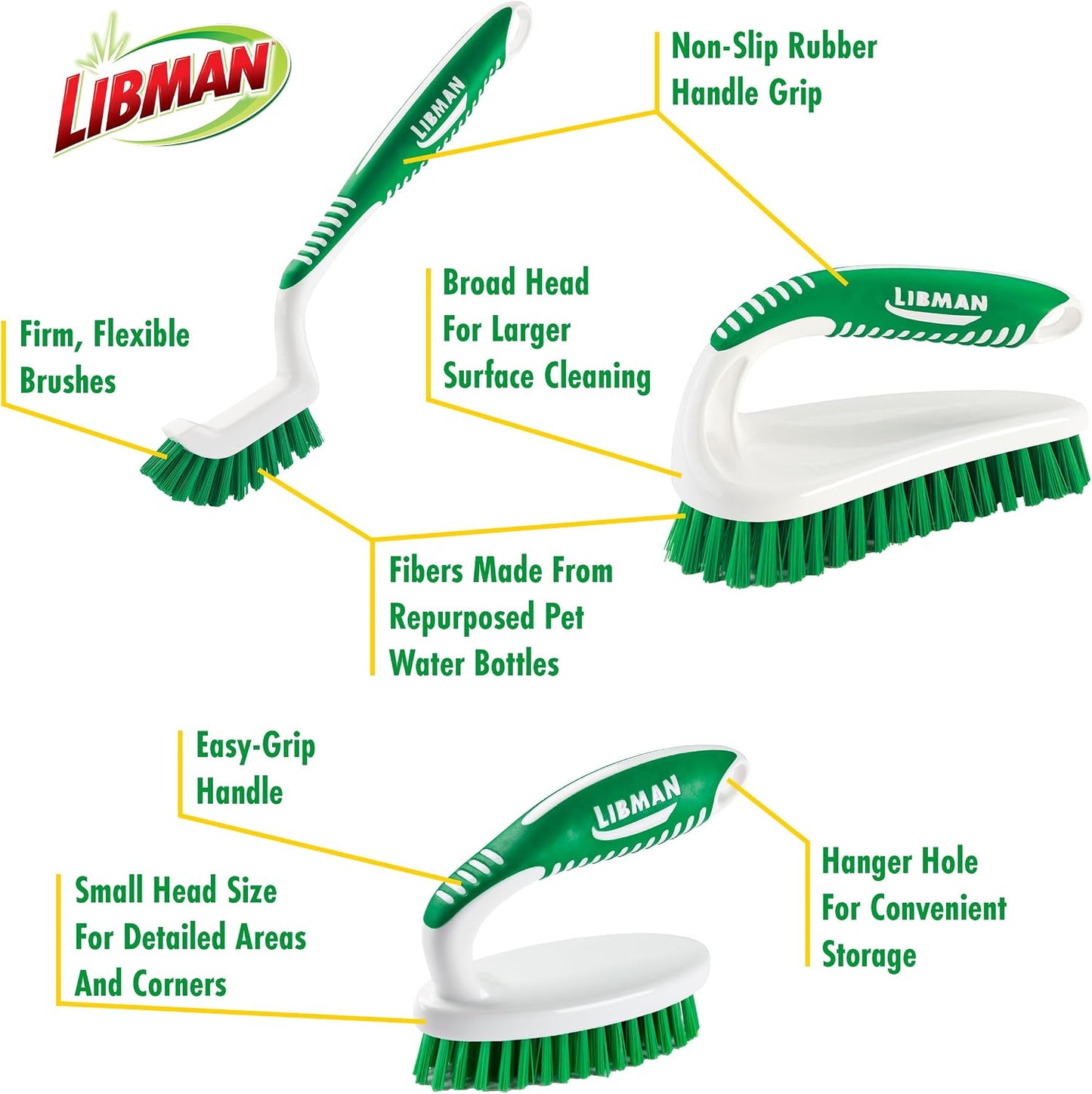 Libman Heavy Duty Scrub Brush Kit | Cleaning Brushes for Household Use | Tub Scrubber | Easy Grip Scrub Brush | Big Job Kitchen Brush | Dual Sided Tile & Grout Brush | 3 Different Brushes Included