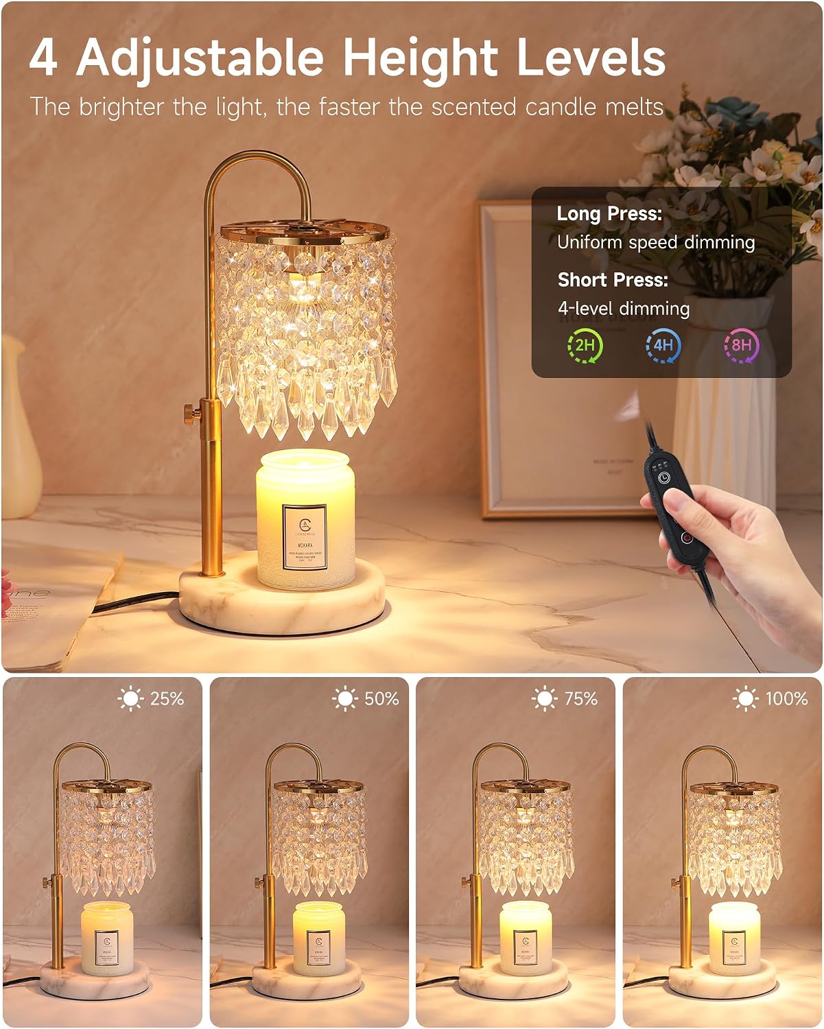 Candle Warmer Lamp with Timer Dimmer and 3 Bulbs, Candle Lamp Warmer with Marble Base for Adjustable Height, Crystal Candle Lamp for Jar Candles, House Warming Gifts Home Room Decor, Silver