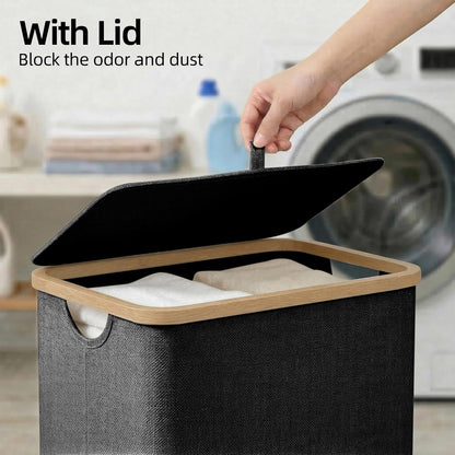 efluky Slim Laundry Basket with Lid, Narrow Laundry Hamper with Removable Bag, Skinny Dirty Clothes Basket with Bamboo Handles for Bathroom, Bedroom & Laundry Room, 75L Beige