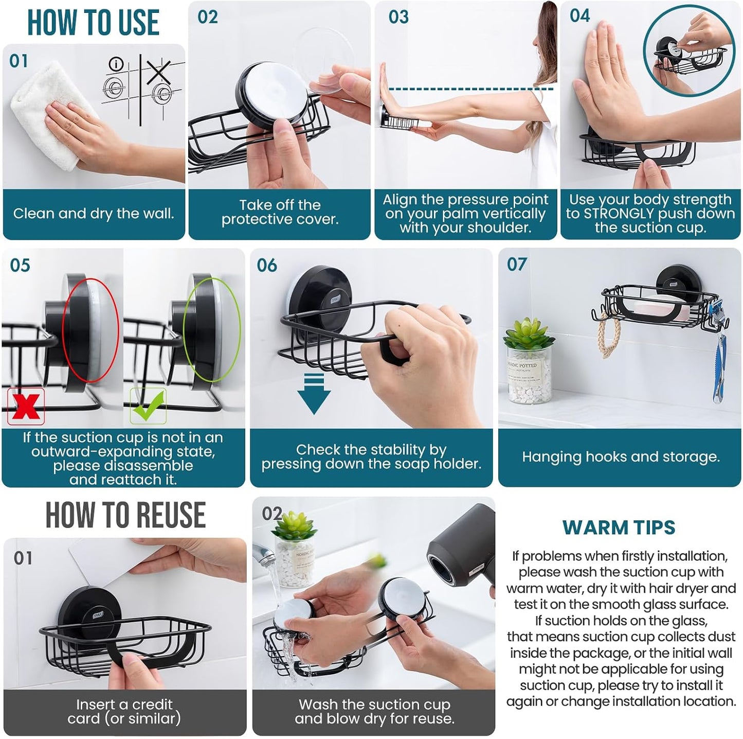 TAILI Soap Holder for Shower – Suction Cup Bar Soap Dish with Hooks, Rustproof Stainless Steel, Self-Draining Sponge Holder with Razor Holder for Bathroom & Kitchen, Black