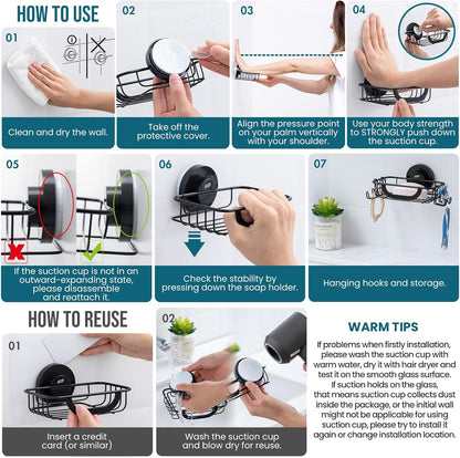 TAILI Soap Holder for Shower – Suction Cup Bar Soap Dish with Hooks, Rustproof Stainless Steel, Self-Draining Sponge Holder with Razor Holder for Bathroom & Kitchen, Black