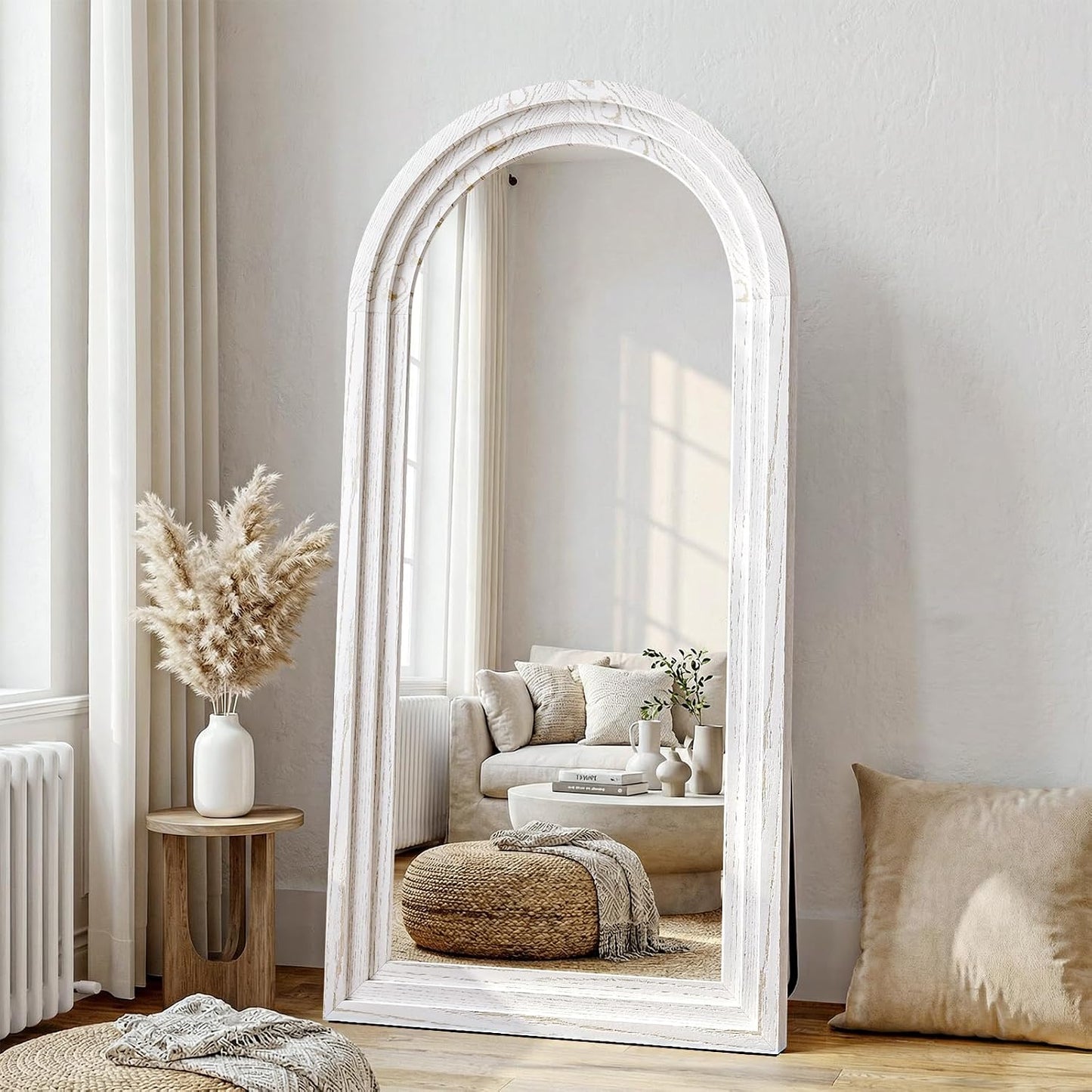 30"x71" Full Length Mirror Solid Wood Frame, Arched Floor Mirror Full Length with Stand, Room Decor Big Full Body Mirror with HD Tempered Glass for Bedroom, Living Room, Walnut Wood