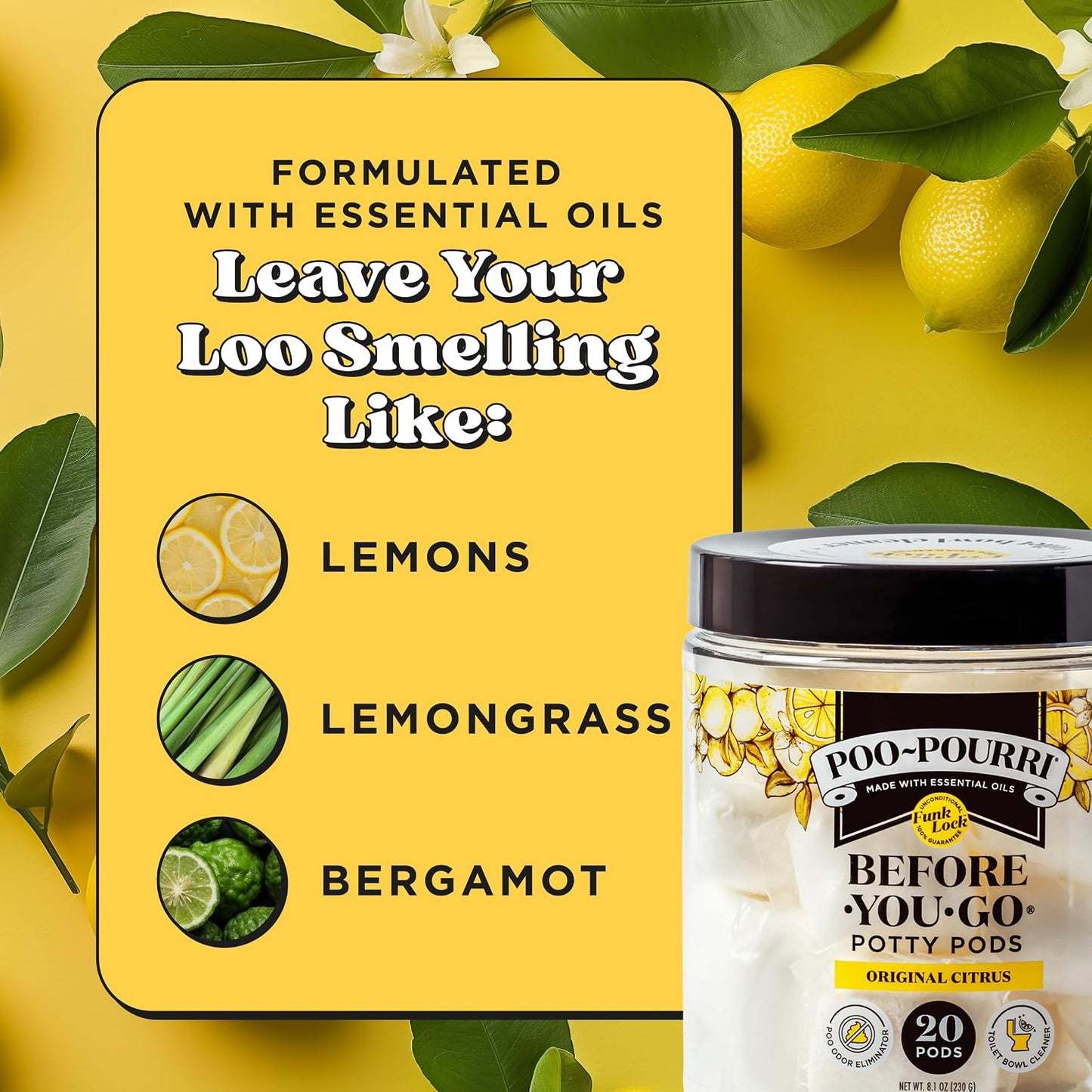 Poo-Pourri Before-You-Go 2-in-1 Toilet Potty Pods, Original Citrus, 5 Ct, Bathroom Odor Deodorizer and Toilet Cleaner with Essential Oils, Lemon, Bergamot and Lemongrass Scent (Pack of 4)