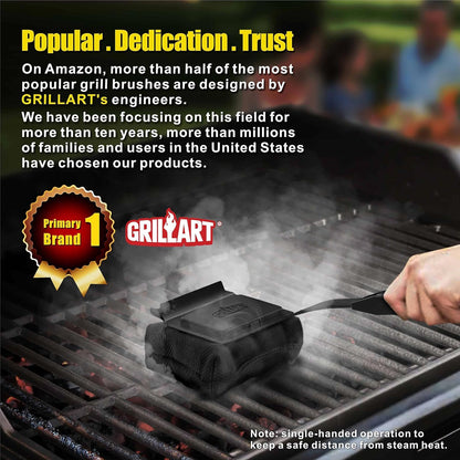 GRILLART Grill Brush Bristle Free. SteamWizards BBQ Replaceable Cleaning Head, Unique Seamless-Fit Scraper Tool for Cast Iron/Stainless-Steel Grates, Safe Barbecue Grill Cleaner-Red