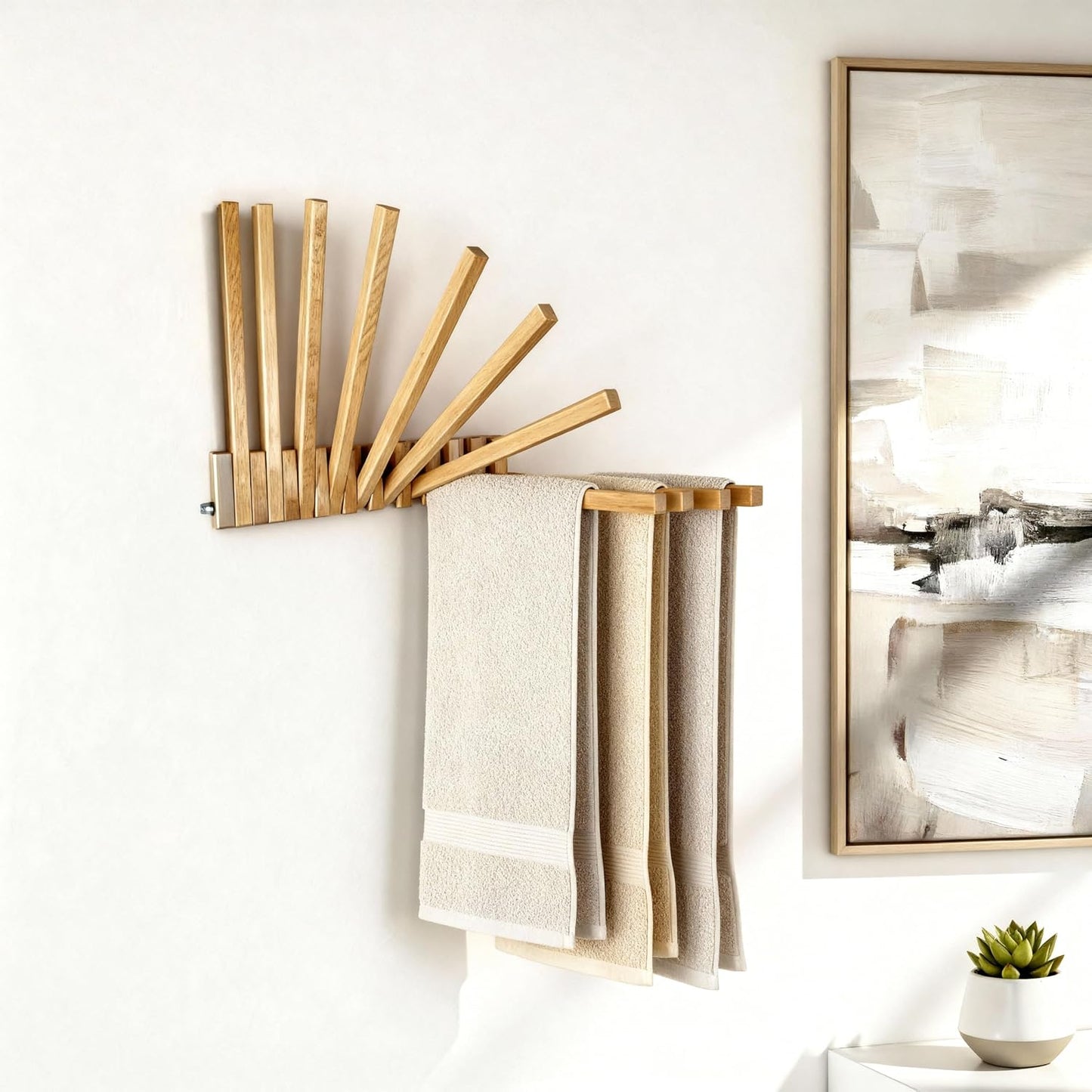 Domensi Beech Wood Wall Mounted Drying Rack for Laundry Room with 10 Mount Folding Coat Hooks Racks Drying Hanger for Bathroom Hat Towels Robes Rack Saving Space (Wood Color)