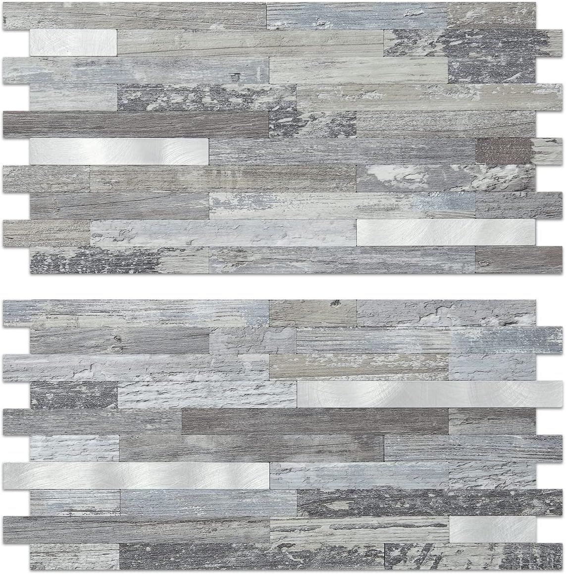 AULIGET 20 Sheets Peel and Stick Backsplash, Black & Grey Wood Look PVC Mixed Metal Stick on Backsplash Tiles for Kitchen