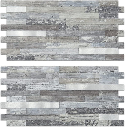 AULIGET 20 Sheets Peel and Stick Backsplash, Black & Grey Wood Look PVC Mixed Metal Stick on Backsplash Tiles for Kitchen