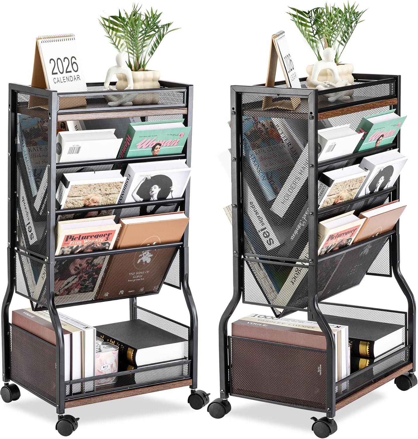 8-Tier Rolling Book Cart with Lockable Wheels, Double-Sided Storage Bookshelf for Narrow Spaces, Mobile Organizer Cart for Office, Library and Home