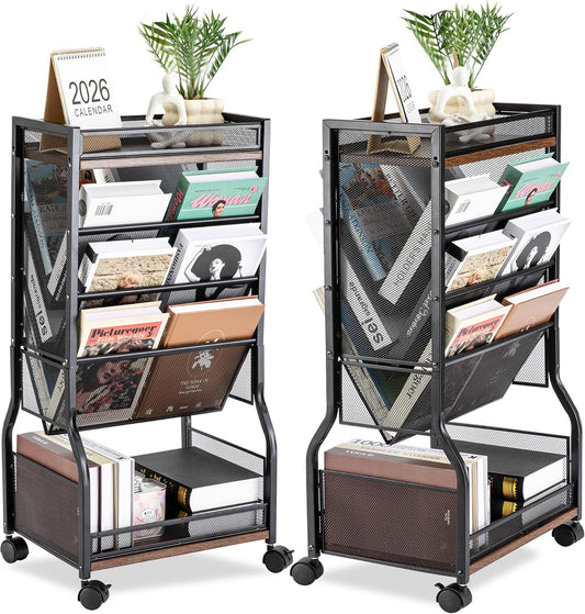 8-Tier Rolling Book Cart with Lockable Wheels, Double-Sided Storage Bookshelf for Narrow Spaces, Mobile Organizer Cart for Office, Library and Home