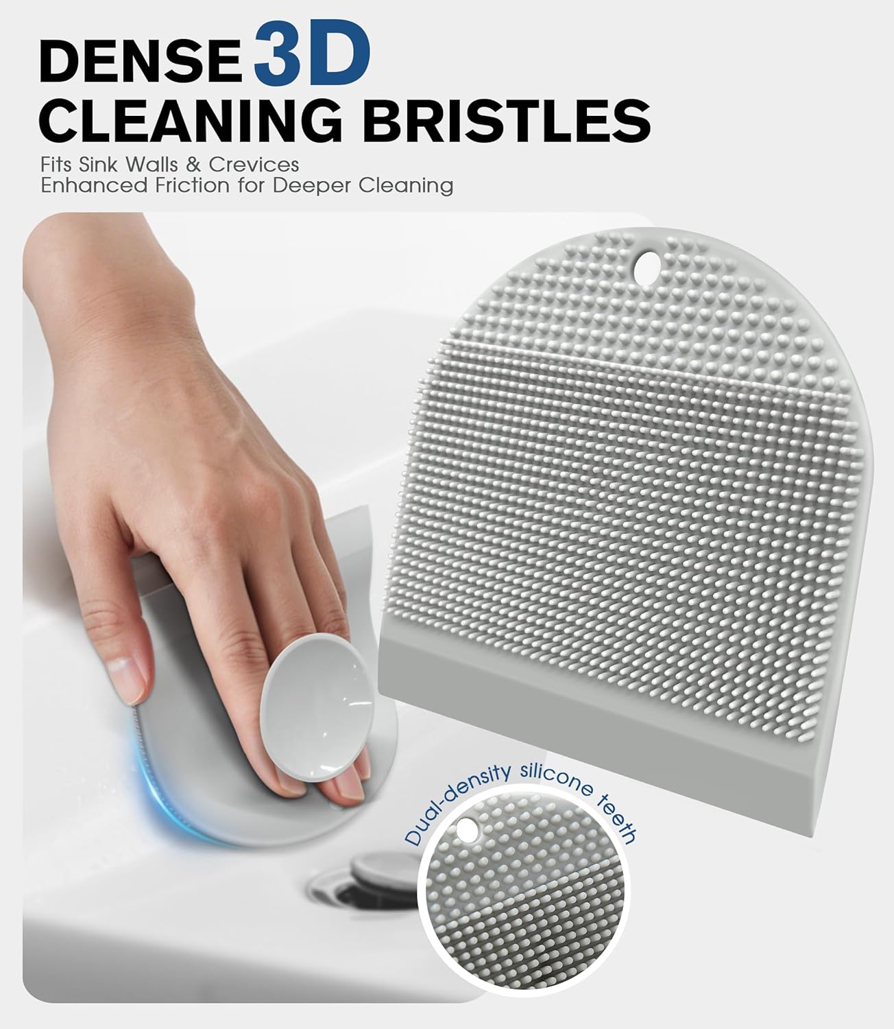 2 Pack Silicone Sink Cleaning Brush with Squeegee, Flexible Non-Scratch Dish Scrubber for Kitchen and Bathroom Sink, Countertop & Dishwashing, Suction Cup Hanging Design (Gray)
